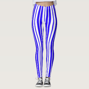Legging Padrão de Faixa Vertical Branco Azul