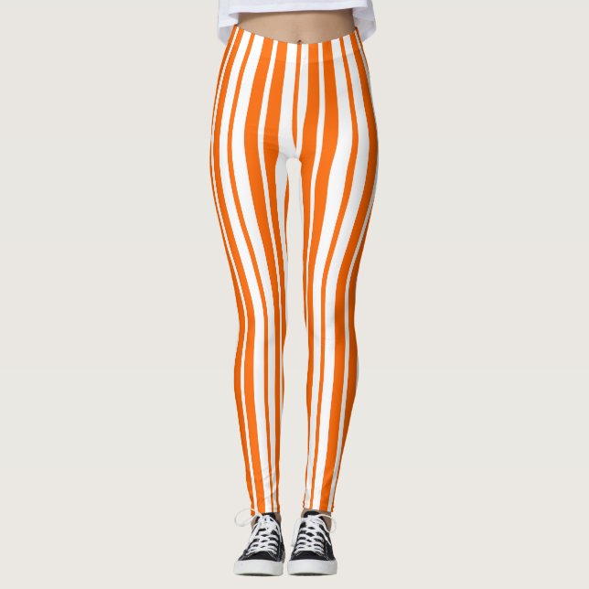 Legging Padrão de Faixa Vertical Branco Laranja (Frente)