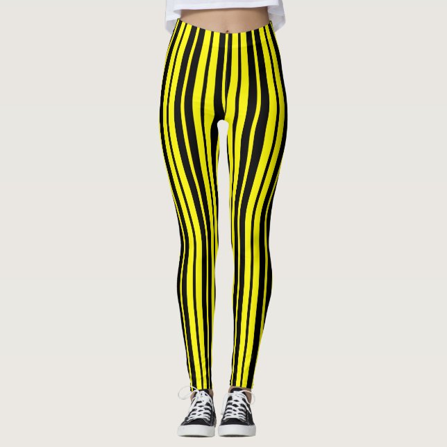 Legging Padrão de faixas verticais pretas amarelas (Frente)
