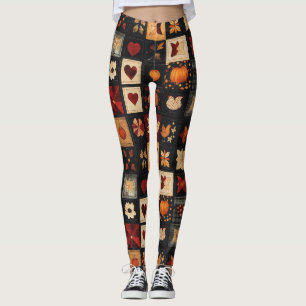 Legging Padrão de Filtro de Arte Folk Denim Patch Rustic