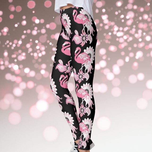 Legging Padrão de Flamingo Rosa Preto Moderno e Caprichoso (Criador carregado)