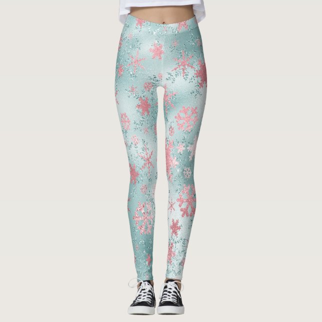 Legging Padrão de Floco de Neve Azul-Rosa Elegante (Frente)