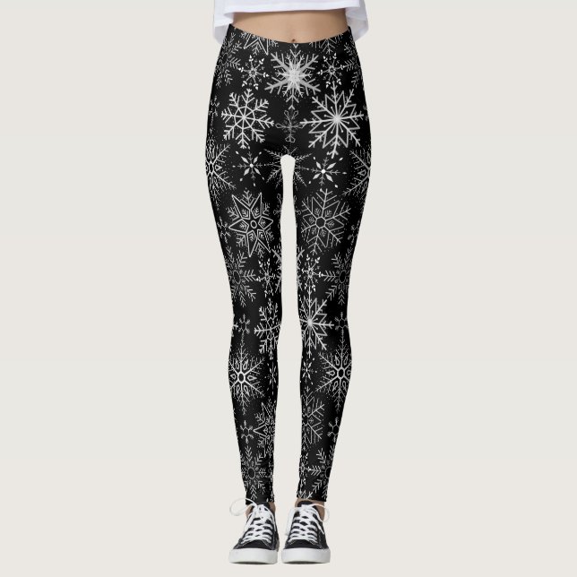 Legging Padrão de floco de neve Branco.Fundo Preto (Frente)