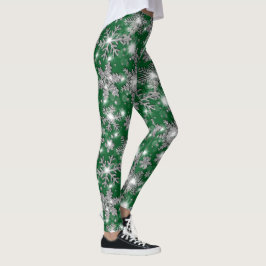Legging Padrão de floco de neve festivo verde-prateado