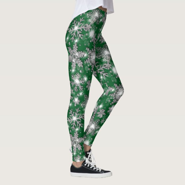 Legging Padrão de floco de neve festivo verde-prateado (Direita)