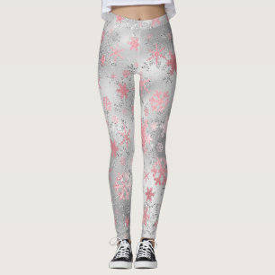 Legging Padrão de Floco de Neve Verde Rosa Elegante