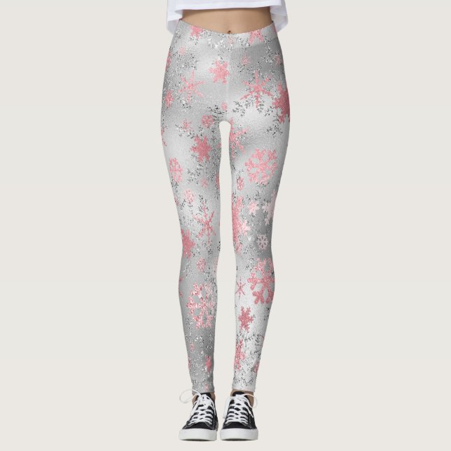 Legging Padrão de Floco de Neve Verde Rosa Elegante (Frente)