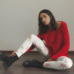 Legging Padrão de Floco de Neve Vermelho e Verde