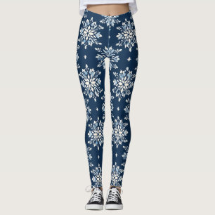 Legging Padrão de Flocos de Neve Azul