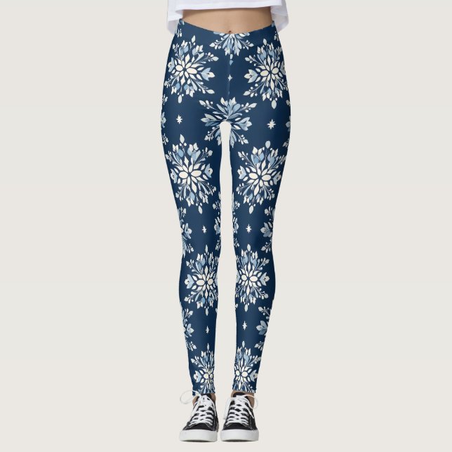 Legging Padrão de Flocos de Neve Azul (Frente)