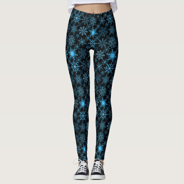 Legging Padrão de flocos de neve azul negro BG (Frente)