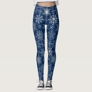 Legging Padrão de flocos de neve branco.Azul escuro BG