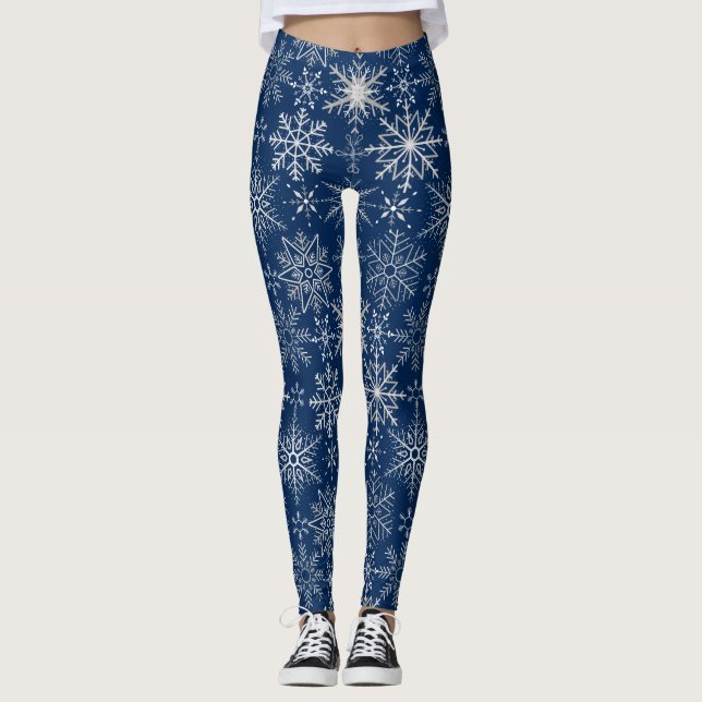 Legging Padrão de flocos de neve branco.Azul escuro BG (Frente)