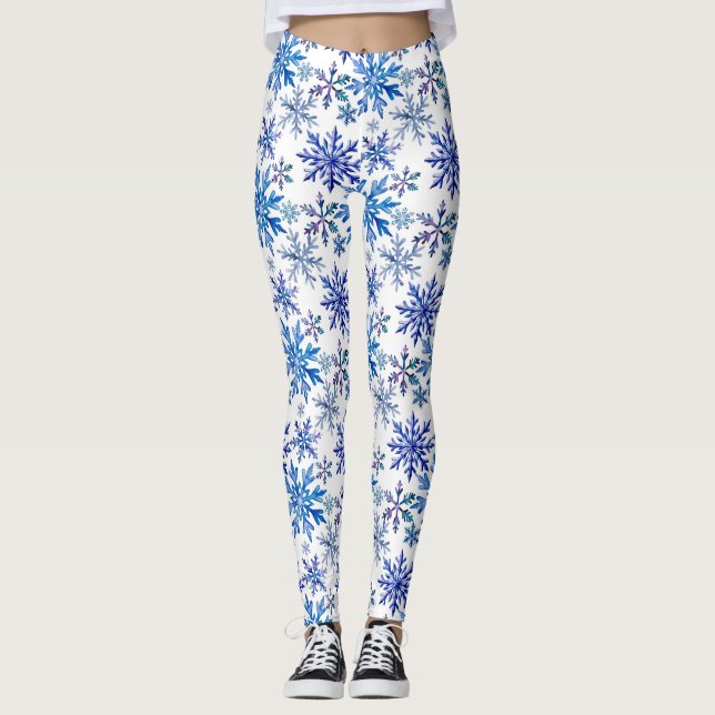 Legging Padrão de Flocos de Neve em Aquarela (Frente)