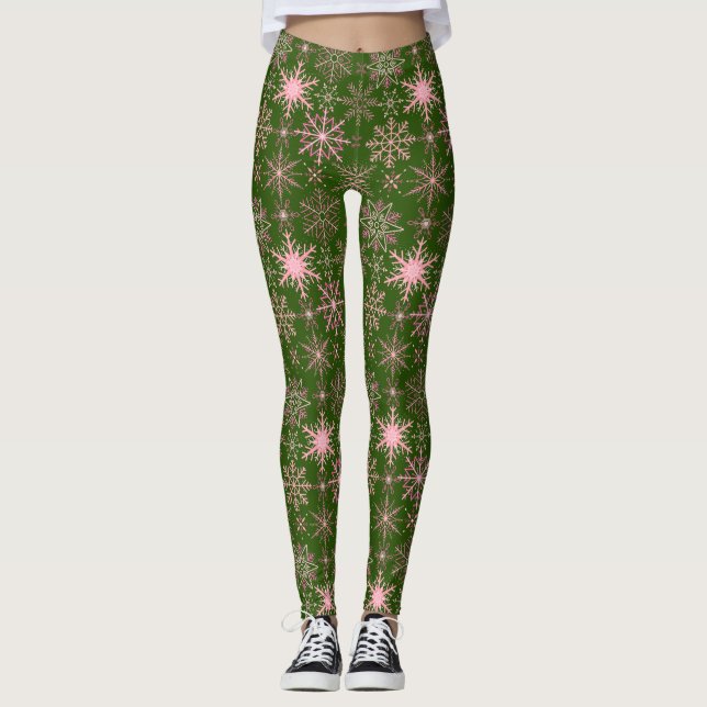 Legging Padrão de flocos de neve Rosa D Verde BG (Frente)
