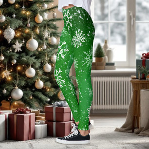 Legging Padrão de Flocos de Neve Verdes Festa de Inverno
