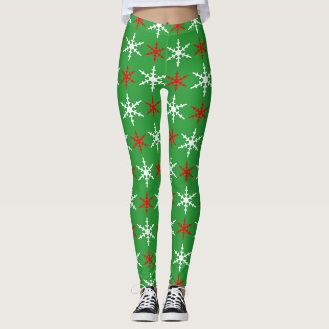 Legging Padrão de flocos de neve vermelhos e verdes (Frente)