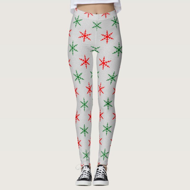 Legging Padrão de flocos de neve vermelhos e verdes (Frente)