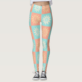 Legging Padrão de Flor Amarela Coral Azul