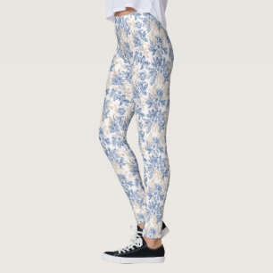 Legging Padrão de Flor da Vintagem Azul
