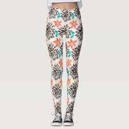 Legging Padrão de Flor de Aquarela Castanho e Turquesa