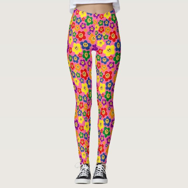 Legging Padrão de Flor de Arco-Íris LGBT Fofo－Rosa (Frente)