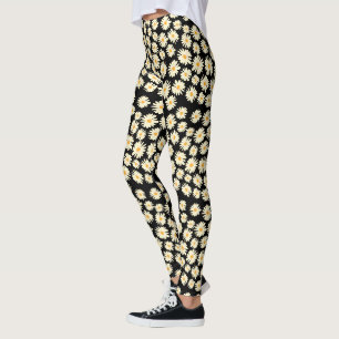 Legging Padrão de flor de margarida branca laranja preta
