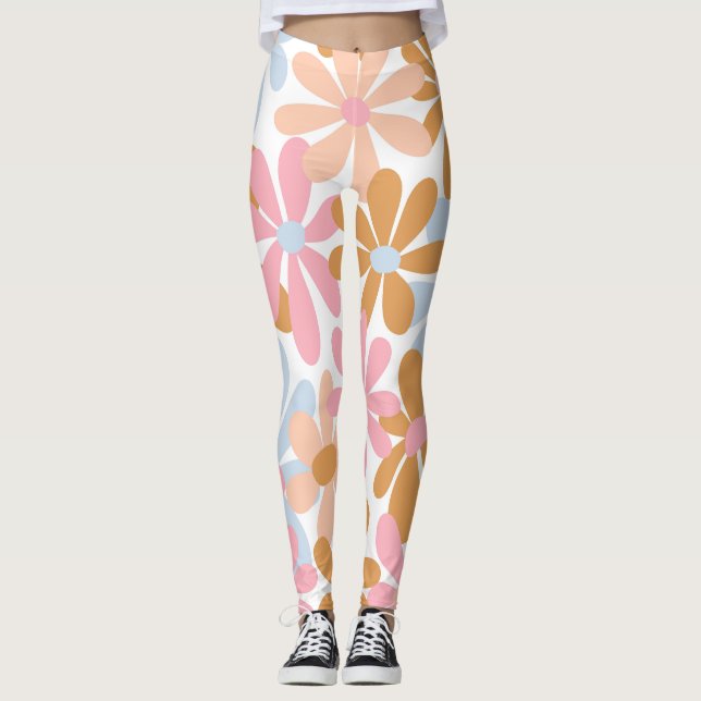 Legging Padrão de Flor de Margarida Groovy Pastel Retro (Frente)