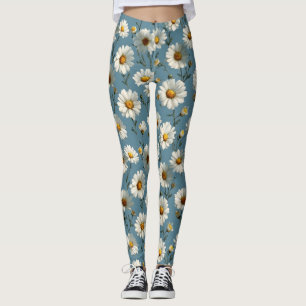 Legging Padrão de flor de margarida sem costura em azul