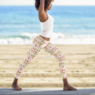 Legging Padrão de Flor de Morango em Aquarela