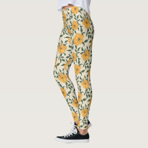Legging Padrão de Flor de Papoila Laranja