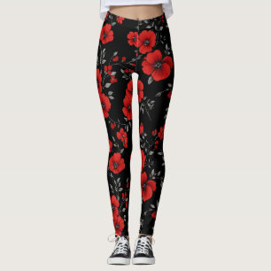 Legging Padrão de Flor de Papoila Vermelha