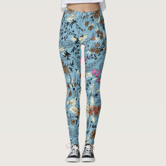 Legging Padrão de flor de vindima, fundo azul.