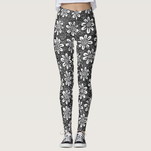 Legging Padrão de Flor Desenhado à Mão 140617 - Preto