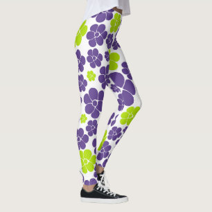 Legging Padrão de Flor em Verde Lima e Roxo