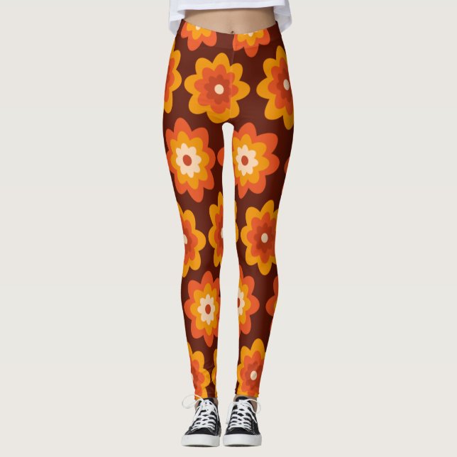 Legging Padrão de flor laranja boho hippie retrô groovy do (Frente)
