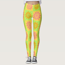Legging Padrão de Flor Laranja Rosa