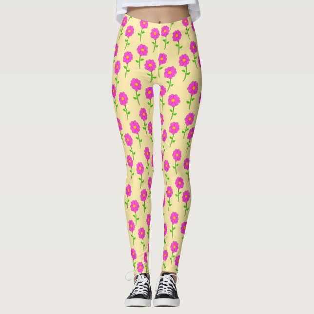 Legging Padrão de Flor Repetida com Flores Rosa Quente (Frente)