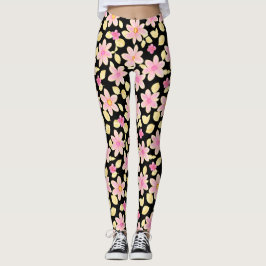 Legging Padrão de Flor Rosa e Preto