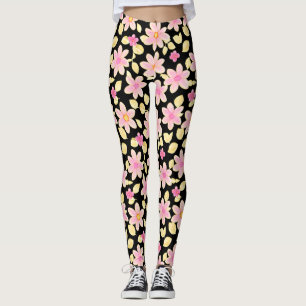 Legging Padrão de Flor Rosa e Preto