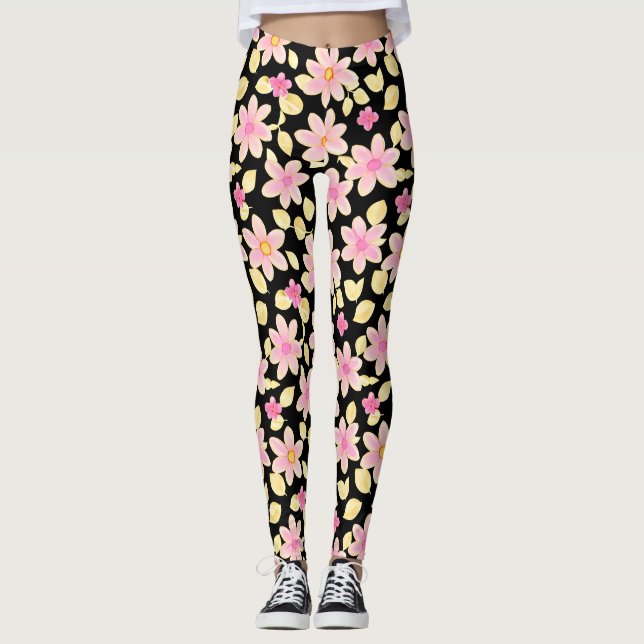 Legging Padrão de Flor Rosa e Preto (Frente)