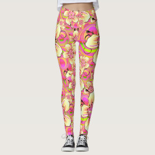 Legging padrão de flor rosa groovy