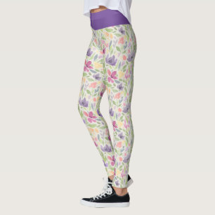 Legging Padrão De Flor Rosa Púrpura Da Aquarela