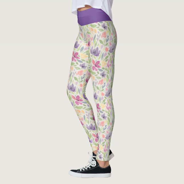Legging Padrão De Flor Rosa Púrpura Da Aquarela (Esquerda)