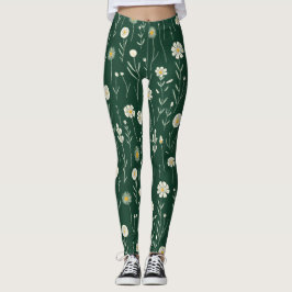 Legging Padrão de Flor Silvestre Elegante em Verde Escuro 