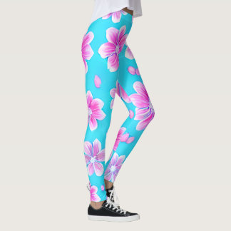 Legging Padrão de Flor Simples Azul e Rosa