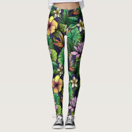 Legging Padrão de Flor Tropical Echado Amarelo-Rosa Preto