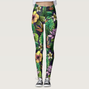 Legging Padrão de Flor Tropical Echado Amarelo-Rosa Preto