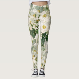 Legging Padrão de Flores Brancas Botânicas e Folhas Verde