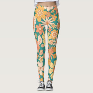 Legging padrão de flores cor-de-rosa e laranja da primaver